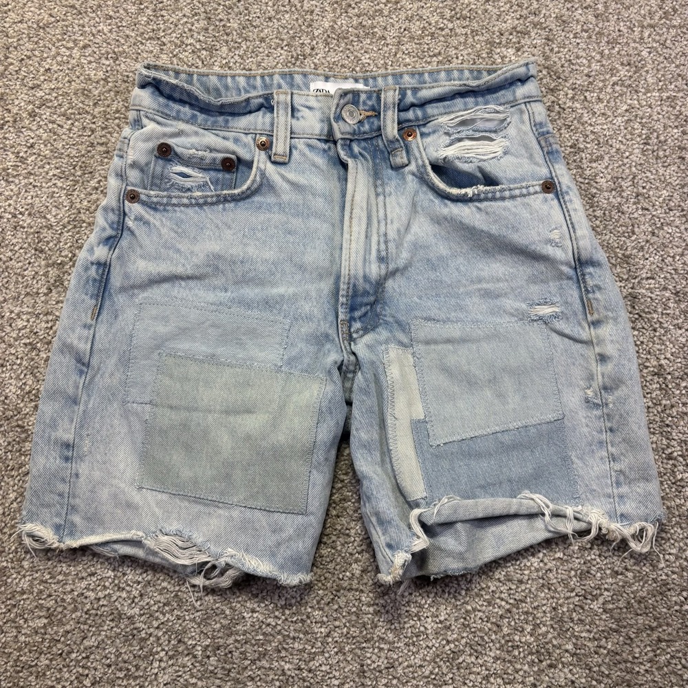 ZARA Denim Shorts Womens 0 Light Wash Blue Distressed Patchwork Cutoff Frayed